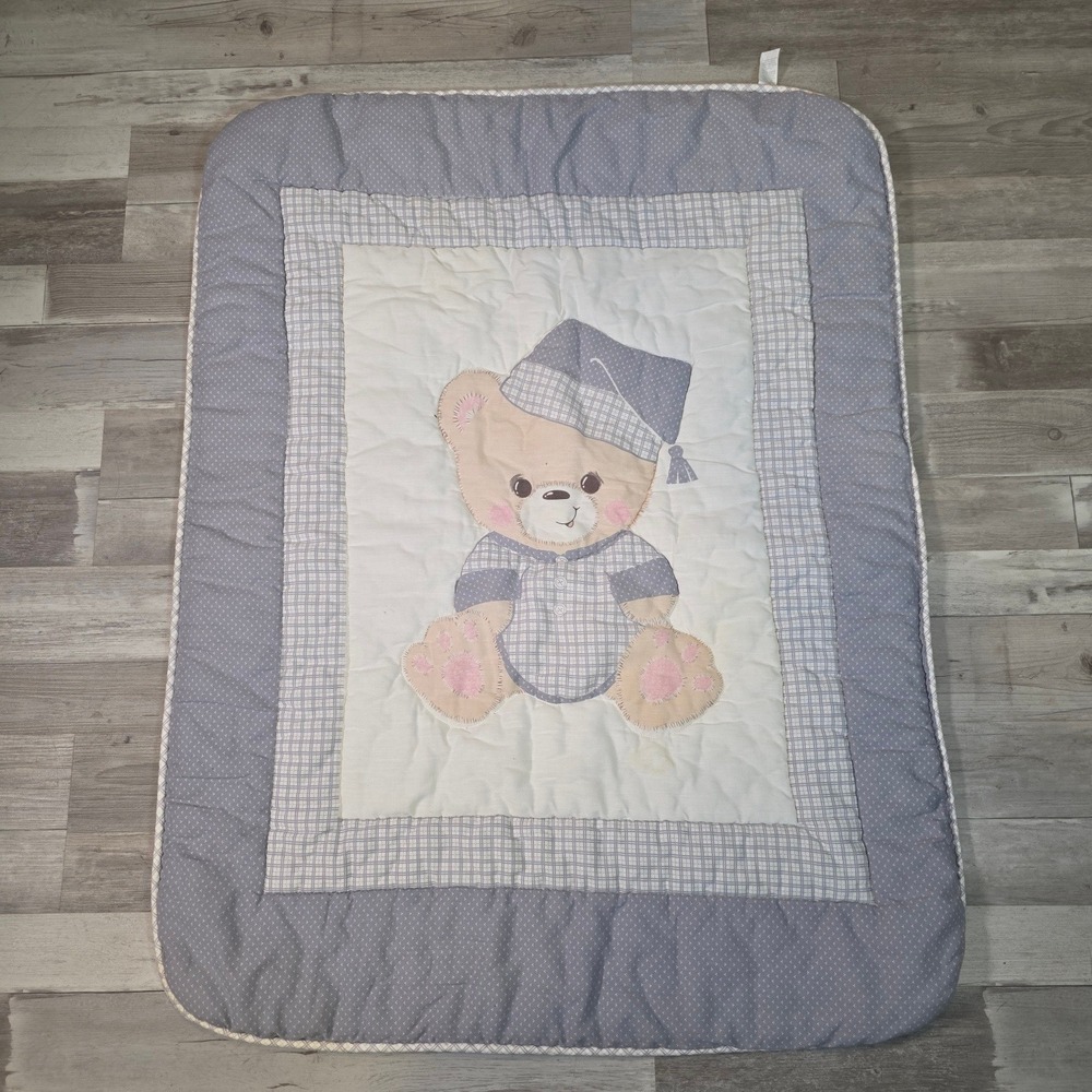 Vintage Gerber Baby Blanket Teddy Bear Quilt Blue Plaid Polka Dot Reversible USA